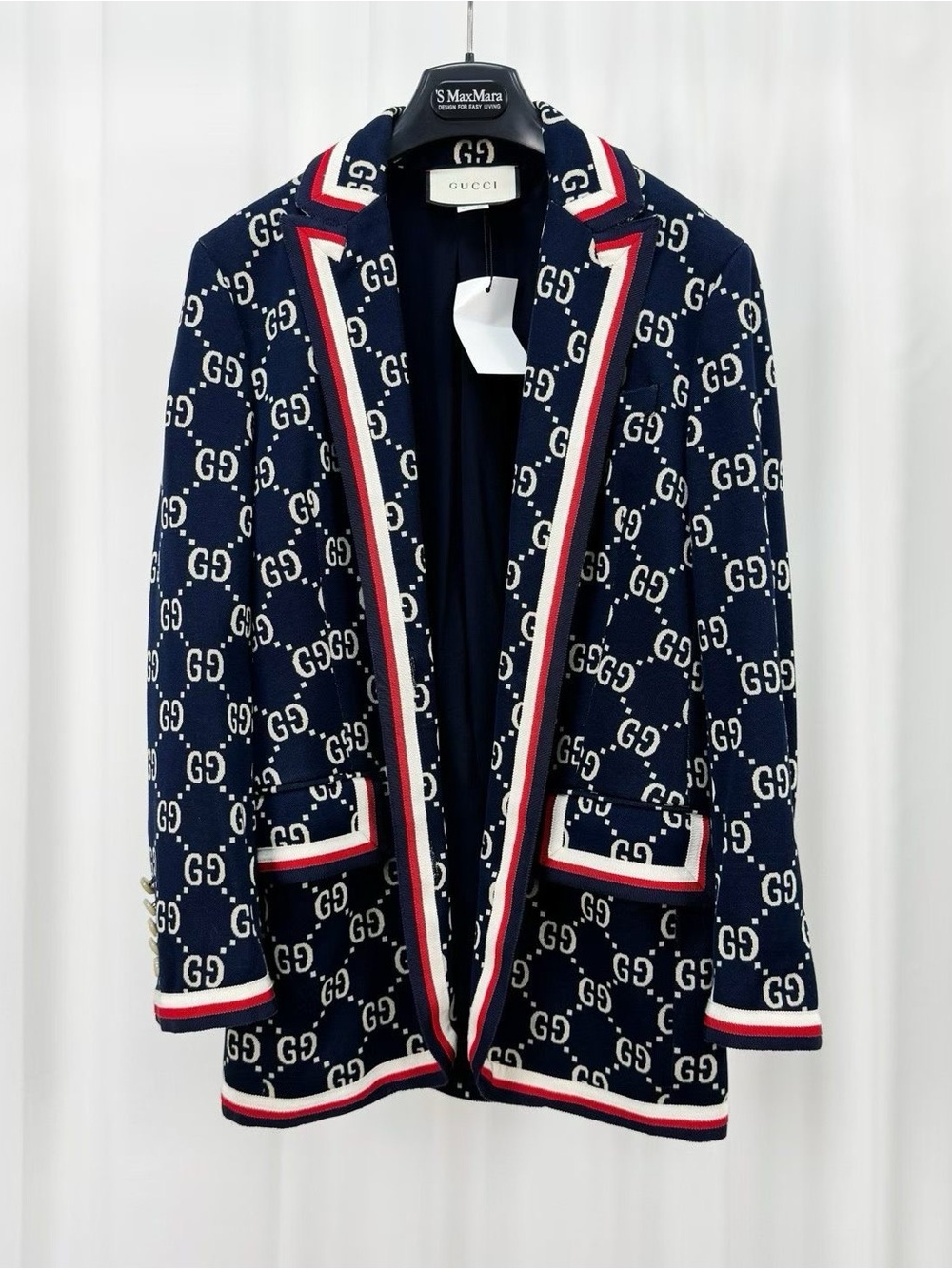 Gucci Navy Blue GG Logo Blazer with Red and White Trim